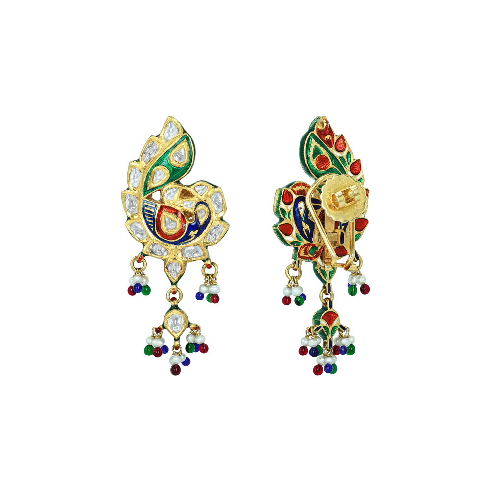Peacock Polki Earrings with Multicolour Enamel and Bead Drops